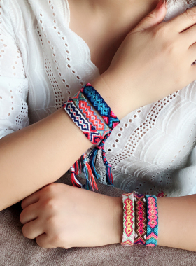 那英同款多层叠戴编织手链彩色几何图案手工制作男女波西米亚民族