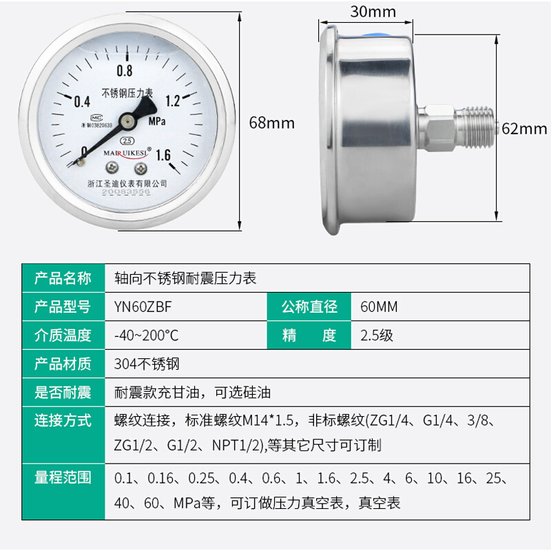 不锈钢压力表YN60ZBF轴向M14*1.5 2分耐腐蚀耐震型油压水压气压表-图1