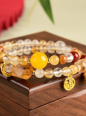 天然水晶黄胶花多宝葫芦双圈手链新中式原创时尚文创女款手串