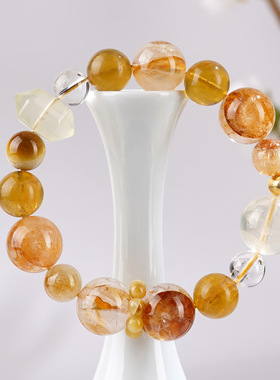 涵杰天然大颗粒黄胶花原创手链柠檬黄水晶双尖萤石霸气女士手串