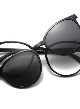 眼镜店新款可配近视墨镜男女通用二合一偏光套镜圆框文艺复古眼镜