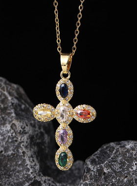 时尚百搭铜锆石电镀真金彩色十字架吊坠女轻奢冷淡风项链吊坠