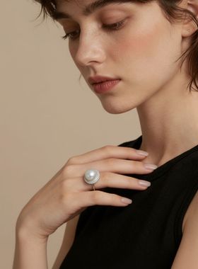 Manreya玛芮雅星环华彰澳白珍珠戒指珠戒指女开口可调节闪钻轻奢