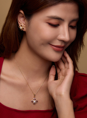 Manreya玛芮雅项链鸿运四叶草淡水珍珠项链耳夹套装女新年红饰品