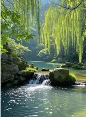 防水贴纸湖边柳条山水风景画卧室客厅书房门窗走廊贴墙桌面自粘