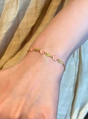黄金桃花手链女999足金珐琅彩花朵手饰新款纯金树叶金手链送女友