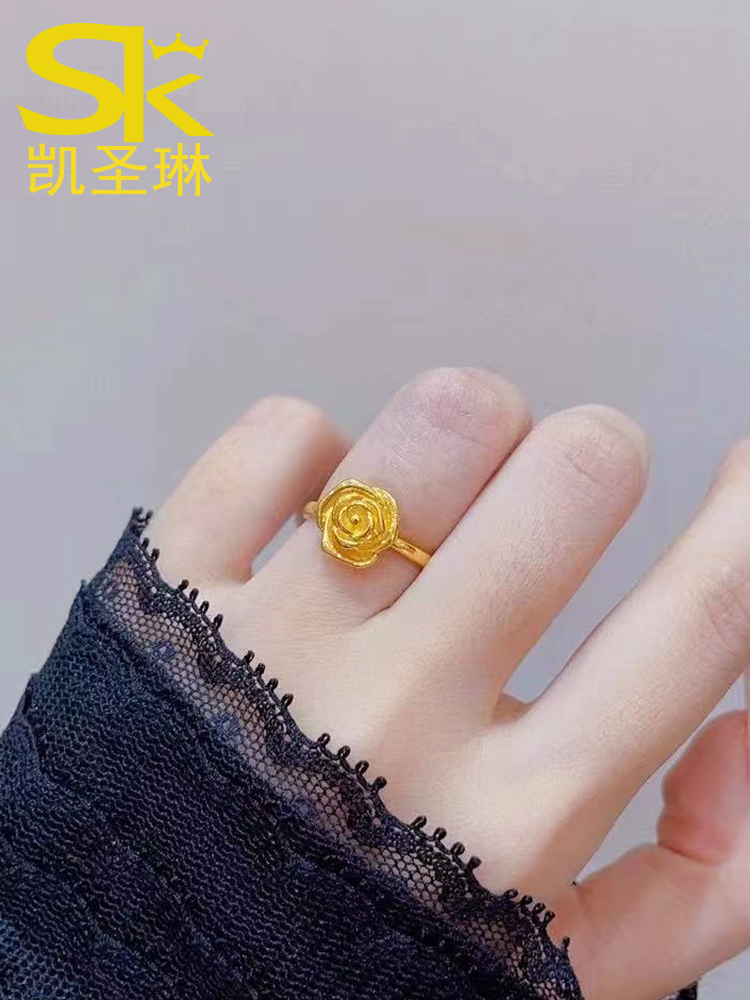 5G黄金玫瑰花戒指999足金花朵指环新款素圈金戒指女款纯金食指戒