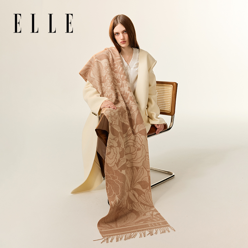 ELLE100%绵羊毛围巾女士秋冬季户外保暖时尚花卉提花围脖送礼礼盒