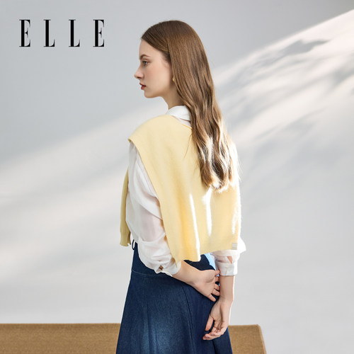 ELLE100%绵羊毛披肩打结外搭女士春夏薄款空调开衫小坎肩条纹围巾 - 图2