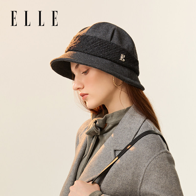 ELLE小香风拼接渔夫帽女秋冬季出游时尚百搭优雅亮丝纱线毛呢盆帽,淘宝优惠券,粉丝福利购,淘宝优惠卷