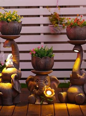 庭院大象花盆造景布置花园阳台太阳能灯景观装饰户外小院园艺摆件