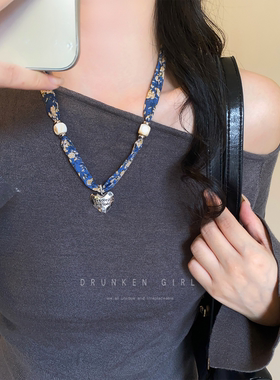 蓝色碎花爱心水滴丝巾项链女