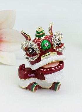 新年礼物小号舞狮装饰盒创意小摆件金属工艺品珐琅彩对狮送领导