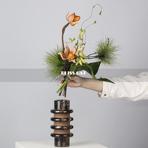 新中式大理石花瓶插花酒店洽谈桌餐桌花艺茶几花器高级感中古摆件 - 图1