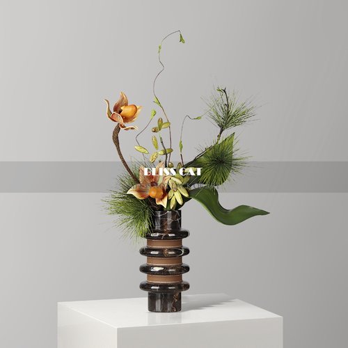 新中式大理石花瓶插花酒店洽谈桌餐桌花艺茶几花器高级感中古摆件 - 图3