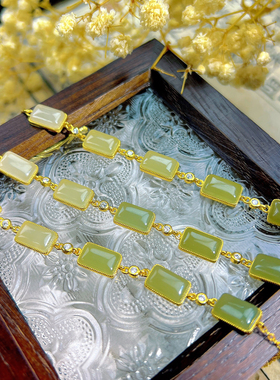 monocle 中式S925银镶嵌天然翡翠手链和田玉渐变方块玉石气质手串