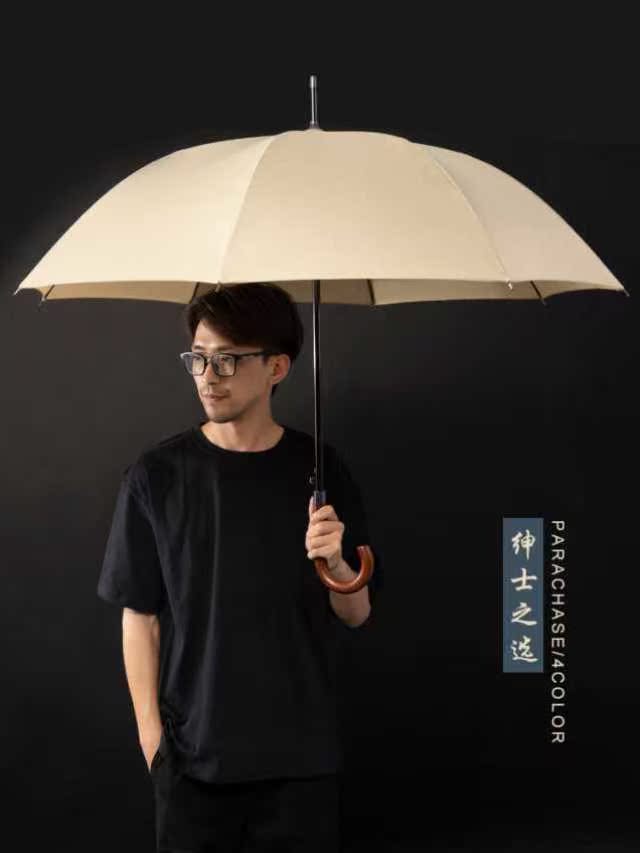 双人雨伞男日系商务英伦复古绅士长柄直杆伞弯把超大号自动伞黑 - 图0