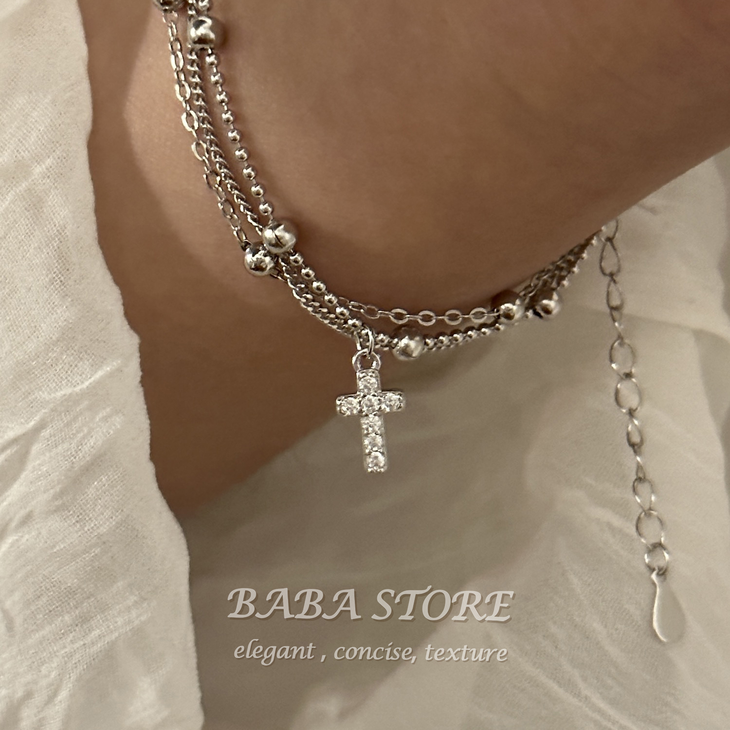 BABA STORE手链纯银女十字架镶嵌小众设计双层手链叠戴ins简约 - 图2