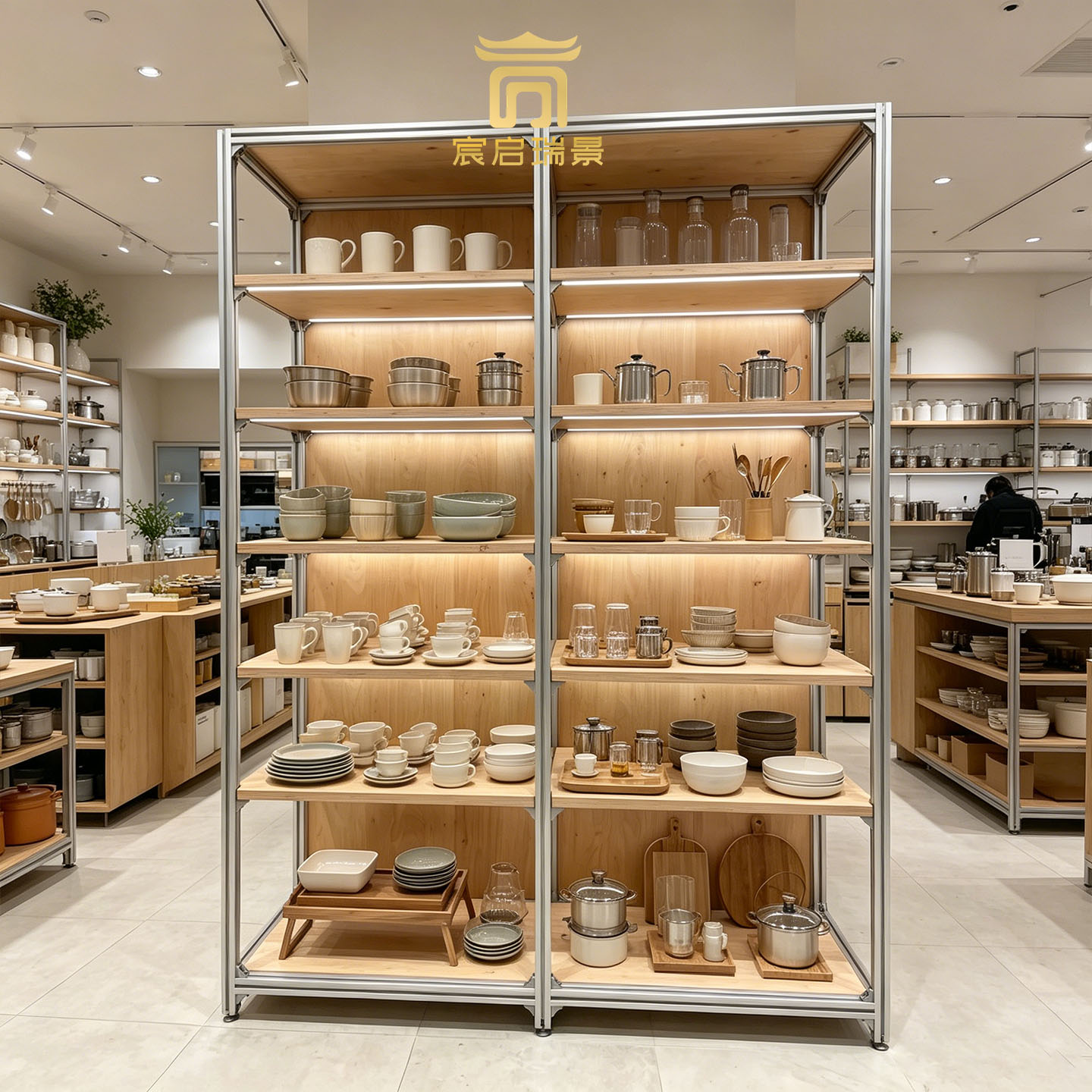 Log aluminum profile tableware island display cabinet ceramic ware tea set home store floor display shelf