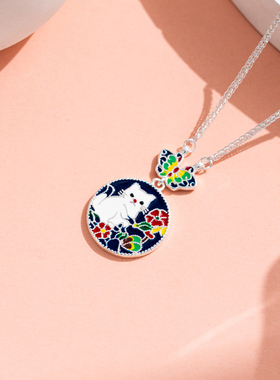 足银S990珐琅双面猫咪项链女