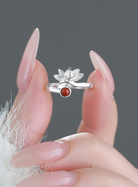 S999足银南红玛瑙莲花戒指女