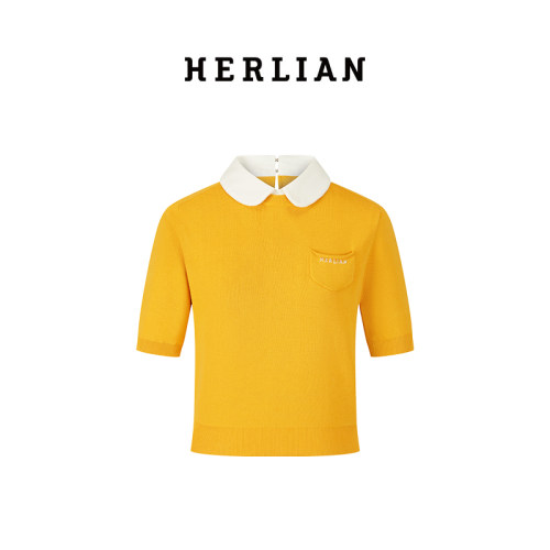 HERLIAN 夏季新品女士娃娃领针织短袖T恤上衣假两件polo衫 - 图2