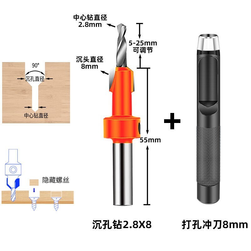 封边皮冲孔器封边条打孔圆冲子沉孔钻隐藏钢合金圆形冲头工具