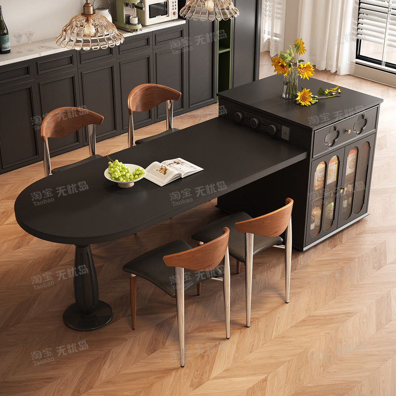 复古风岛台餐桌一体家用可伸缩弧形岩板开放式厨房带电磁炉吧台柜,淘宝优惠券,粉丝福利购,淘宝优惠卷