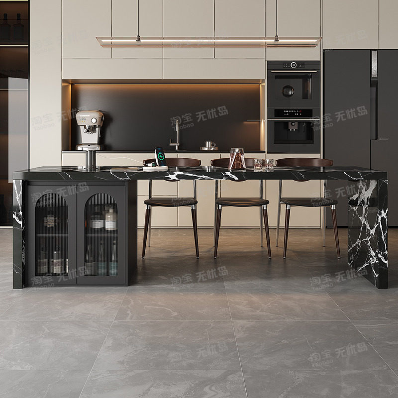 齐平岛台伸缩餐桌一体开放式厨房多功能岩板吧台小户型定制中岛台,淘宝优惠券,粉丝福利购,淘宝优惠卷