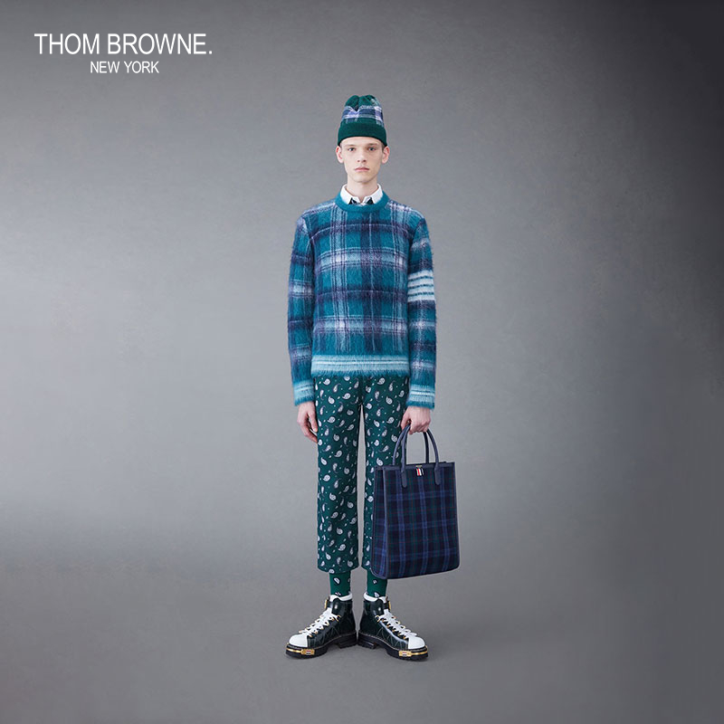 [秋冬优惠]THOM BROWNE 男士格纹斜纹面料圆领衬衫 - 图2