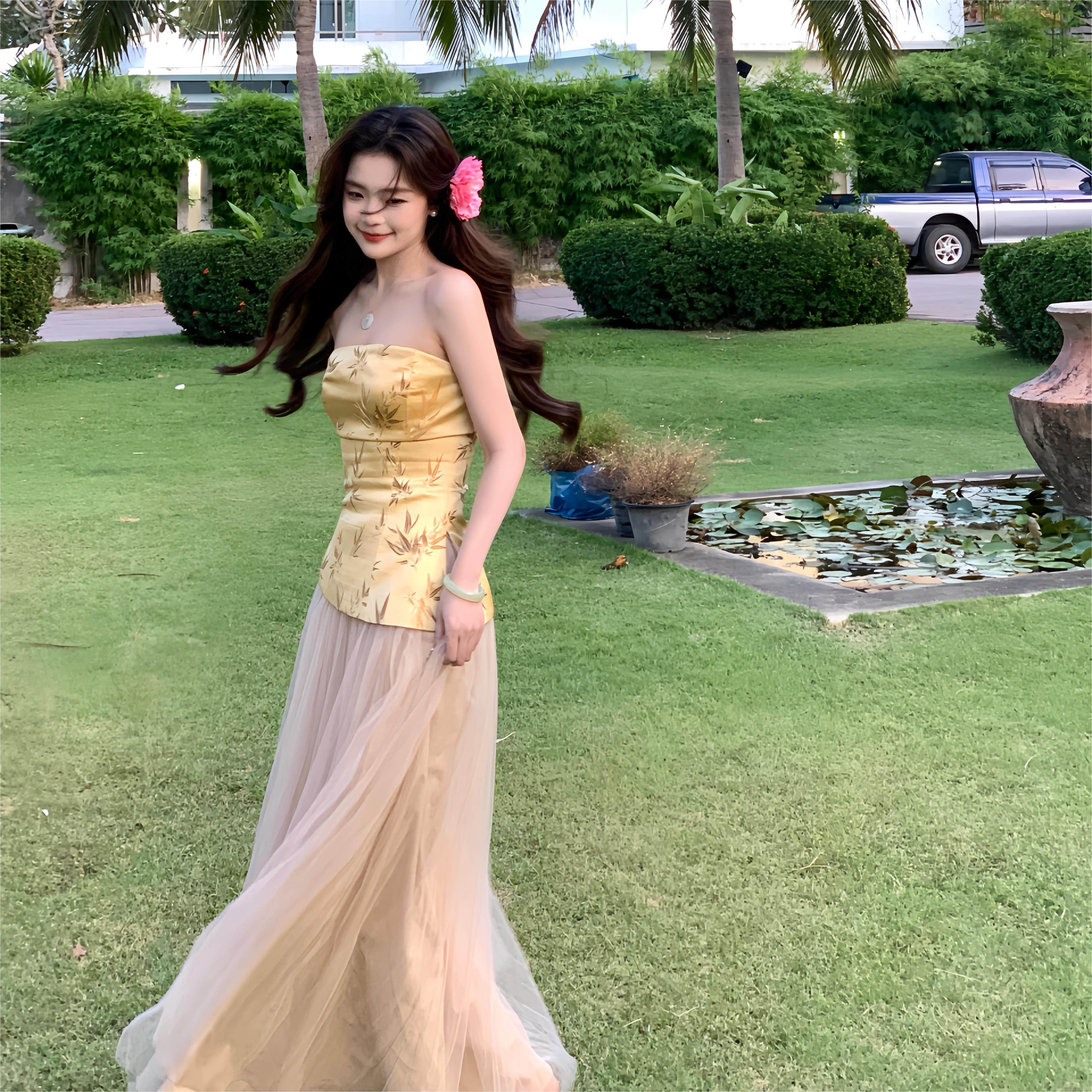 一罐杏仁桃新中式复古风高级感轻奢竹叶印花抹胸女气质不规则背心,淘宝优惠券,粉丝福利购,淘宝优惠卷