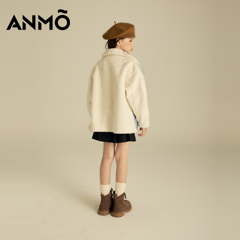 ANMO安墨女童仿羊羔毛外套秋冬季中大童时尚拼接牛仔衣加厚童装-图3