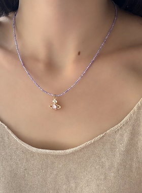 小众设计星球吊坠项链 韩系ins高级感紫色米珠锁骨链可爱甜酷颈链