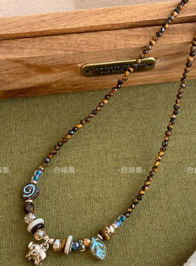 复古琉璃捷克珠串珠项链 中式设计感小象吊坠vintage民族风锁骨链