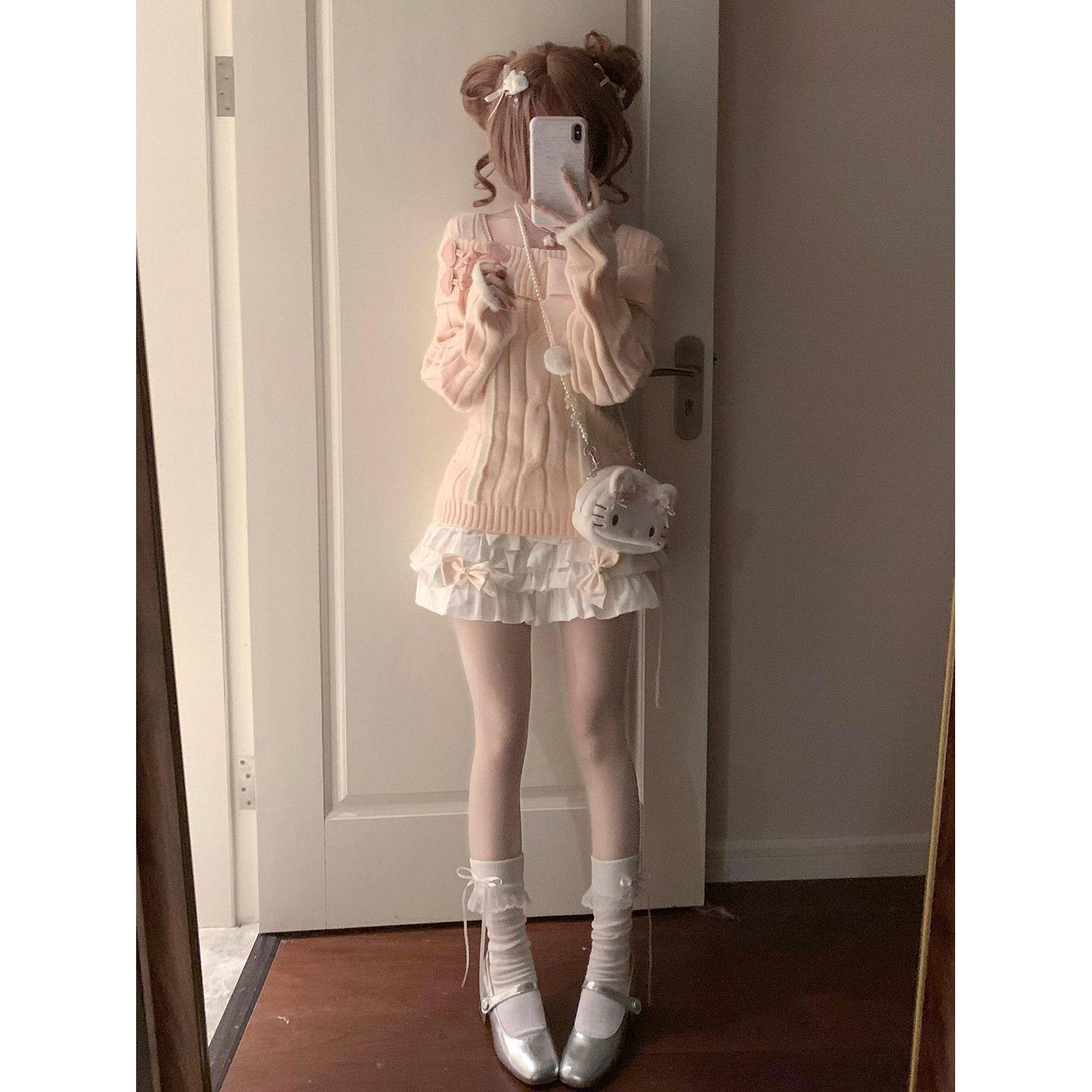 桃欲欲 冬季新款一字肩粉色针织上衣+蝴蝶结蛋糕短裙甜美两件套女,淘宝优惠券,粉丝福利购,淘宝优惠卷