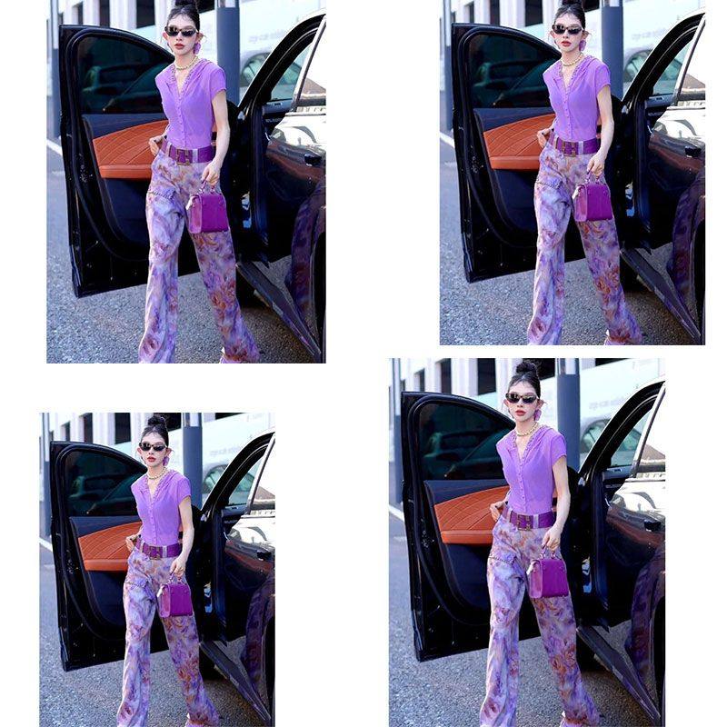紫色连帽短袖t恤女2025新款夏季休闲洋气时尚减龄套装印花阔腿裤,淘宝优惠券,粉丝福利购,淘宝优惠卷