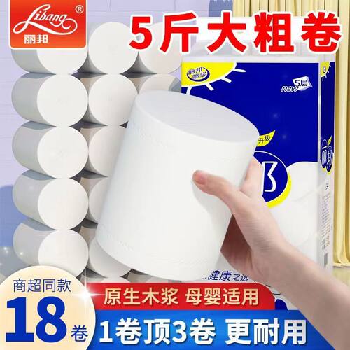 丽邦卫生纸卷纸5层加厚18大卷5斤家用实惠装厕纸巾手纸无芯卷筒纸 - 图0