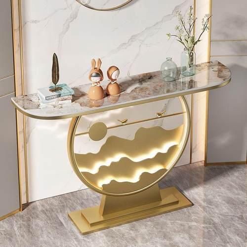 热卖新中式靠墙现代简约玄关桌家用入户过道岩板端景台发光条案 - 图1