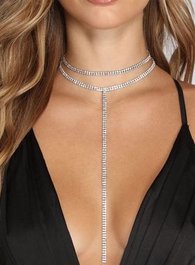 欧美速卖通外贸饰品 简约时尚百搭镶钻长款颈链 自由调节项链女