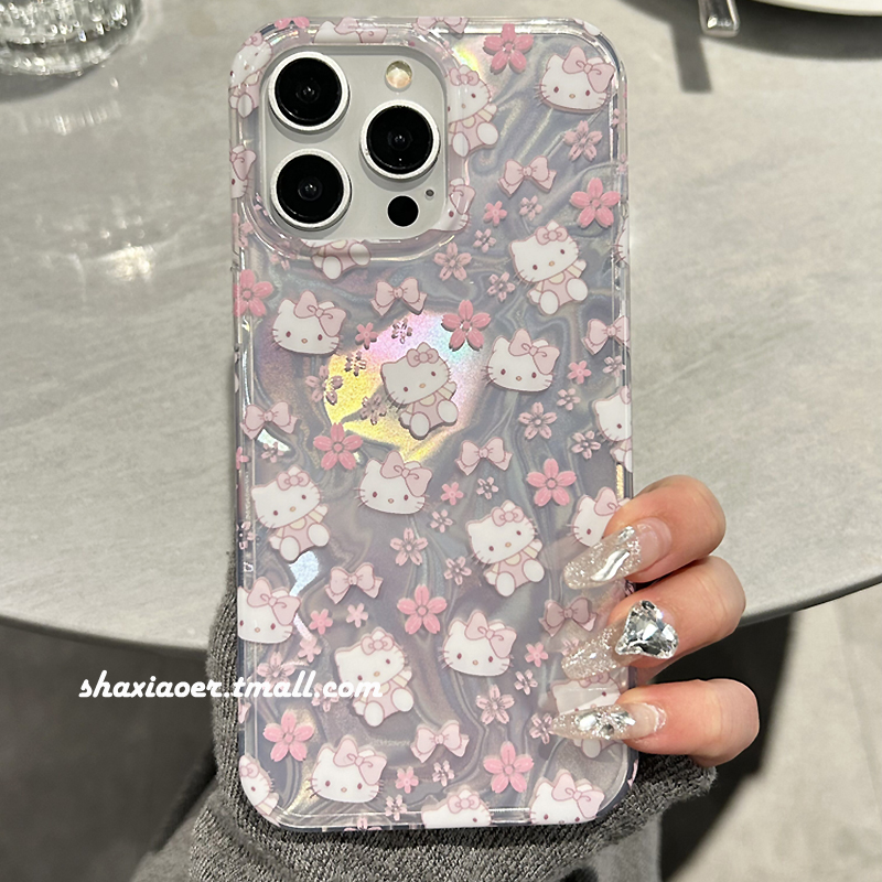 粉色镭射HelloKitty蓝牙耳机壳适用苹果15手机壳iphone14promax女款15pro新款13防摔12硬壳11硅胶女生高级感