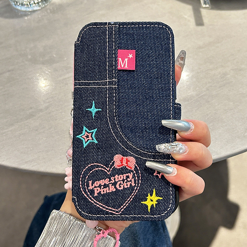 港风刺绣翻盖牛仔适用苹果17promax手机壳iphone13女款16pro新款12保护套11防摔14软壳15pro硅胶小众创意少女,淘宝优惠券,粉丝福利购,淘宝优惠卷