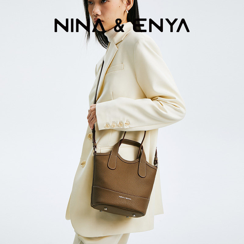 nina enya中号菜篮子头层牛皮吊篮 NINAENYA女士包袋