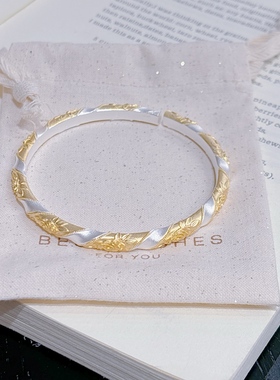 香港正生纯银9999足银手镯宫廷描金玫瑰花扭玟送老婆妈妈新年礼物