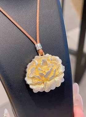香港正生纯银999足银牡丹花描金吊坠项链实心中式新年礼物毛衣链