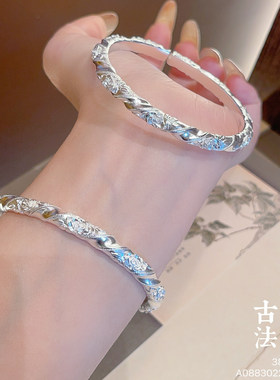 香港正生纯银9999足银玫瑰花手镯女新中式国风百搭高级送老婆礼物