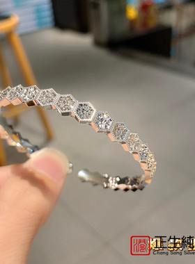 香港正生女纯银手镯足银999实心六边形满天星闪闪银镯子轻奢手环