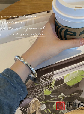 香港正生香港正生足银999开口亮面心经幸运花银手镯女百搭纯银雕