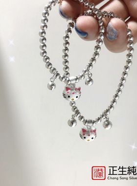 S925纯银KT猫铃铛DIY手串可爱简约女生亲子款小众设计夏季银手链