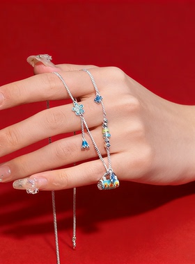 香港正生纯银99足银珐琅锁包繁花项链吊坠女款国风轻奢锁骨链银饰