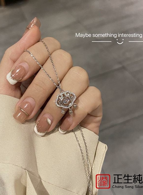 香港正生项链女韩版通体纯银d925可调节灵动如意锁银项链森系网红